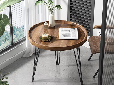 Modern Round Wooden Top Side Table With Black Metal Legs Vase Magazine And Coffee Cup 3d model