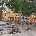Outdoor Restaurant With Trees Wooden Structure Hanging Lights And Patterned Floor