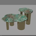 Two Cloud Shaped Coffee Tables With Green Pink Marble Tops And Gold Metal Legs