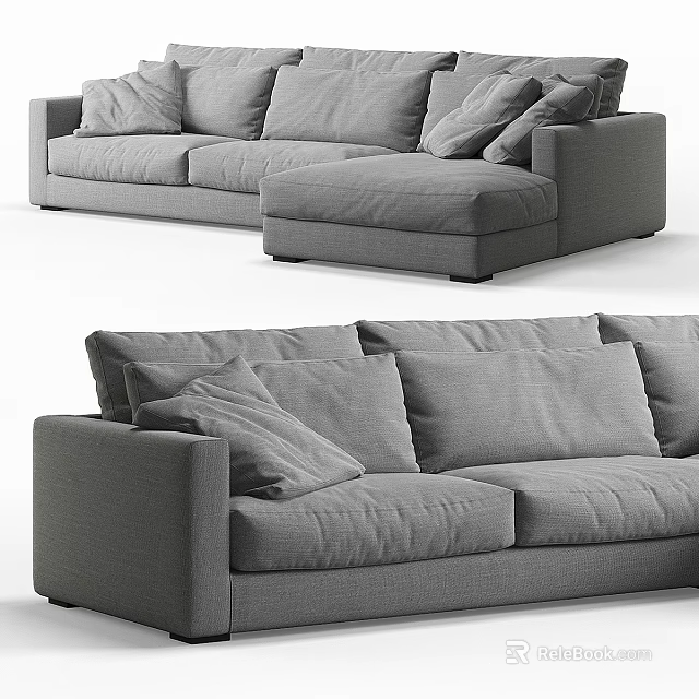 Modern Gray Sectional Sofa With Soft Plush Cushions And Chaise Lounge Design 3d model 