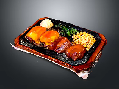 Savory Grilled Meat Patties on Hot Iron Plate with Corn Rice and Fresh Vegetables 3d model