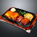 Savory Grilled Meat Patties on Hot Iron Plate with Corn Rice and Fresh Vegetables
