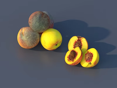 Fresh Ripe Peaches With Whole And Sliced Yellow Pink Fruits On Gray Background 3d model