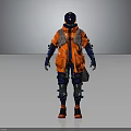 Futuristic Character In Orange Blue Protective Gear With Mechanical Creature Companion