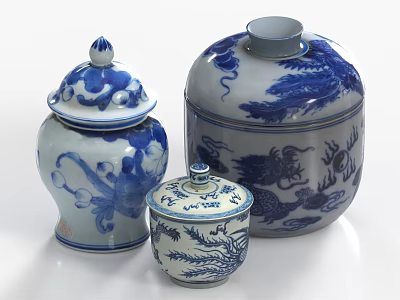 Ceramic Vessels in Various Sizes with Blue and White Dragon Phoenix Patterns and Lidded Design 3d model