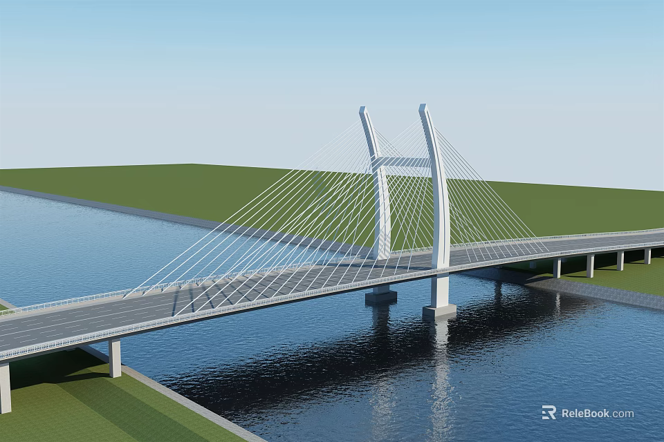 Modern Cable Stayed Bridge Over River With Concrete Towers Steel Cables And Green Grass Banks 3d model 