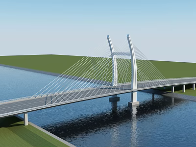 Modern Cable Stayed Bridge Over River With Concrete Towers Steel Cables And Green Grass Banks 3d model