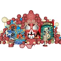 Chinese National Trend Themed Decor With Peking Opera Mask Red Balloons And Eastern Symbols