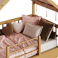 Wooden Kids Bed With House Shaped Fabric Roof And Pink Checkered Bedding