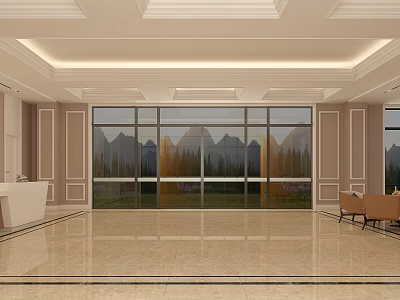 Elegant White Reception Desk Area With Large Glass Windows Mountain View And Marble Flooring 3d model