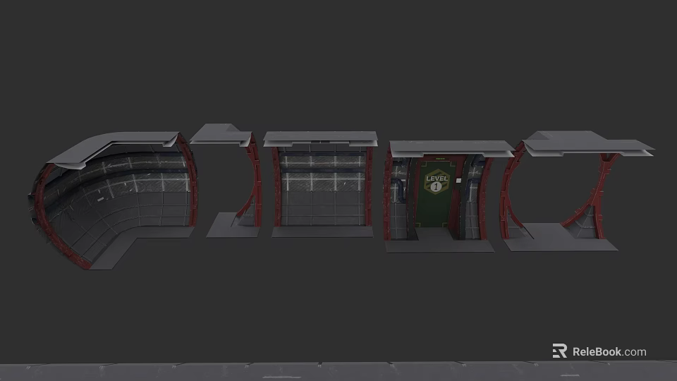 3D Model Structural Components Featuring Frames Shelves Green Door and Red Accents 3d model