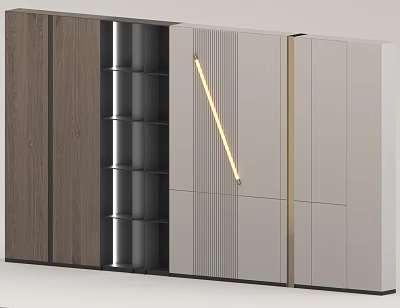 Modern Background Wall Design With Wooden Gray Panels Vertical Lines And Built In Light Strip 3d model