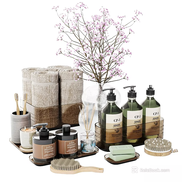 Daily Washing Essentials Collection With Towels Soap Bottles And Bathroom Accessories 3d model 