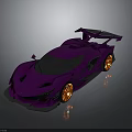Shiny Purple Sports Car Featuring Metallic Finish Orange Wheels And Large Rear Spoiler