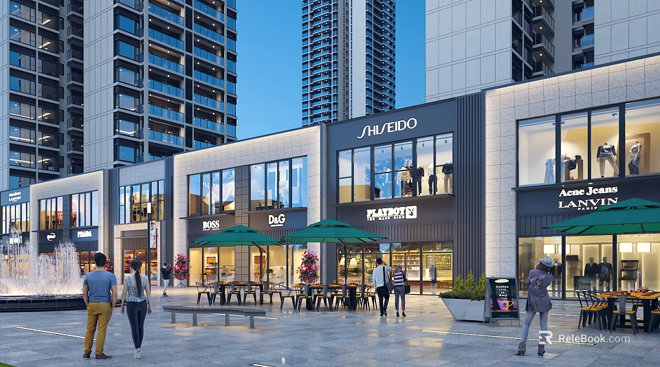 Modern Commercial Street With High Rise Buildings Glass Windows Shops Outdoor Seating And Pedestrians 3d model 