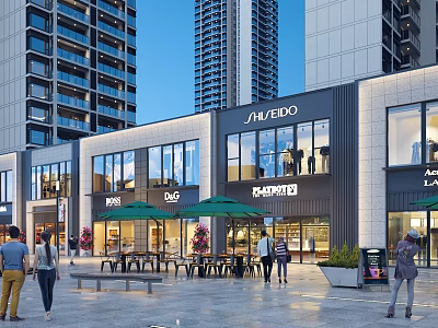 Modern Commercial Street With High Rise Buildings Glass Windows Shops Outdoor Seating And Pedestrians 3d model