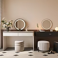 Dressing Table with Round Ring Light Mirrors Padded Stools Flower Vase and Diamond Rug 3d model