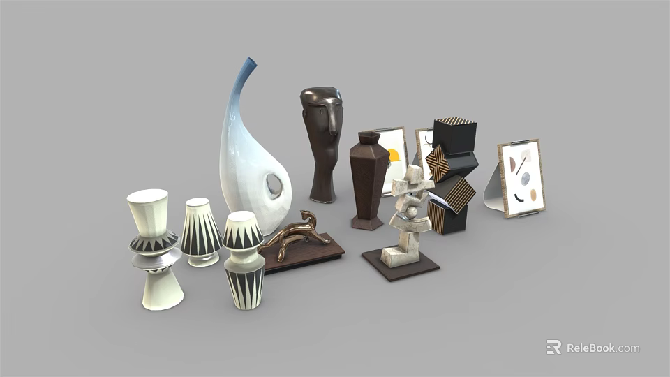 Modern Decorative Ornament Set with Sculptures Vases and Abstract Designs 3d model 