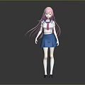 Anime School Girl Character With Pink Hair White Shirt And Blue Skirt