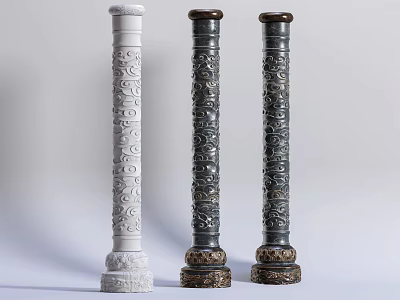 Three Ornate Columns With Intricate Carved Patterns White And Dark Colored Bases 3d model