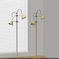 Modern Floor Lamp With Conical Shades And Metal Stand Near Window With Blinds