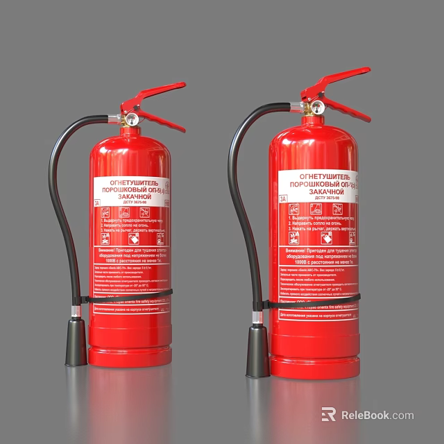 Two Red Fire Extinguishers With Hose And Labels Featuring Icons And Text 3d model 