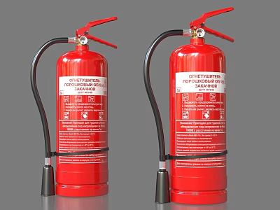 Two Red Fire Extinguishers With Hose And Labels Featuring Icons And Text 3d model