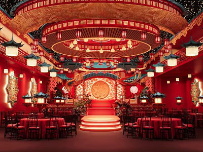 Chinese Style Banquet Hall With Red Decor Traditional Lanterns And Dragon Patterns 3d model