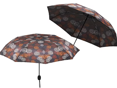 Two Stylish Patterned Folding Umbrellas With Dark Background And Colorful Prints 3d model