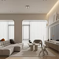Warm Minimalist Open Concept Living And Dining Room Interior Design With Stone Kitchen Island