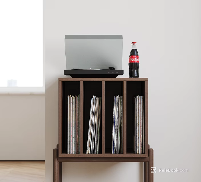 Wooden Side Cabinet with Open Shelves Storing Vinyl Records Laptop and Coca-Cola Bottle on Top 3d model 