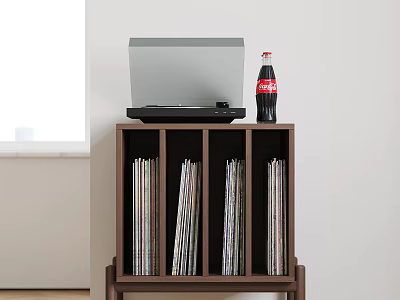 Wooden Side Cabinet with Open Shelves Storing Vinyl Records Laptop and Coca-Cola Bottle on Top 3d model