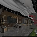 Traditional Chinese Style Cultural Art Exhibition Hall With Moon Gate Seating Area And Decorative Wall