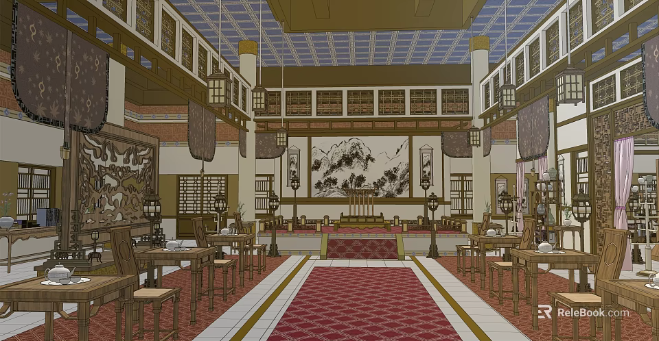 Traditional Chinese Ancient Architecture Interior With Carved Details Hanging Lanterns And Red Carpet 3d model 