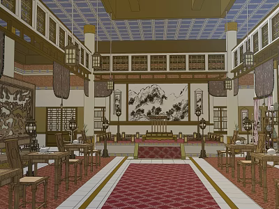 Traditional Chinese Ancient Architecture Interior With Carved Details Hanging Lanterns And Red Carpet 3d model