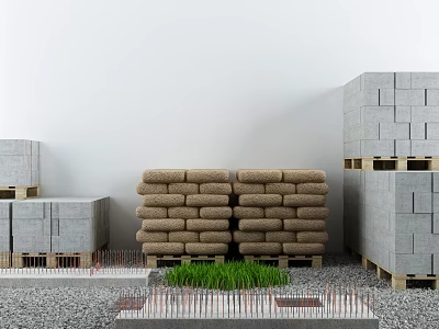 Construction Components Display With Concrete Blocks On Pallets Stacked Sacks Gravel And Grass 3d model