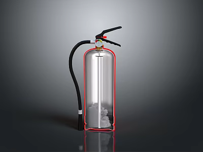 Transparent Cylinder Fire Extinguisher With Red Frame Black Nozzle And White Powder 3d model