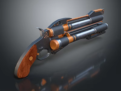 Vintage Revolver With Wooden Grip Black Copper Double Metal Barrels And Mechanical Design 3d model