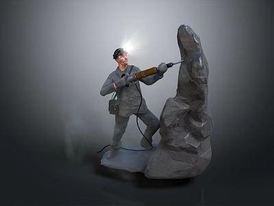 Game Character Wearing Cap Using Yellow Tool Carving Stone Statue With Smoke Grey Background 3d model