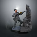 Game Character Wearing Cap Using Yellow Tool Carving Stone Statue With Smoke Grey Background 3d model