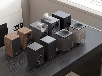 Various Styles Headphones and Speakers With Wooden Black Materials On Desktop Home Setup 3d model