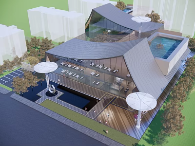 Modern Sales Office Building Featuring Sloped Roof Glass Curtain Wall Swimming Pool And Outdoor Greenery 3d model