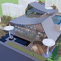 Modern Sales Office Building Featuring Sloped Roof Glass Curtain Wall Swimming Pool And Outdoor Greenery