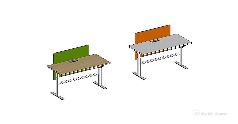 Office Desks Design with Green Orange Dividers Brown Gray Tabletops Metal Frames Lower Shelves 3d model 
