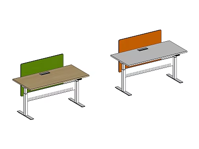 Office Desks Design with Green Orange Dividers Brown Gray Tabletops Metal Frames Lower Shelves 3d model