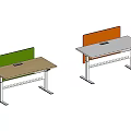 Office Desks Design with Green Orange Dividers Brown Gray Tabletops Metal Frames Lower Shelves