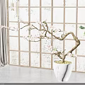 Pink Flower Bonsai Plant With Curved Branches In Marble Pot And Wooden Grid Background