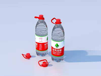 Two Plastic Mineral Water Bottles With Red Caps And Fallen Lids 3d model