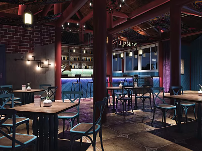 Rustic Cafe Interior With Brick Walls Wooden Beams Bar Counter Pendant Lights And Purple Lighting 3d model
