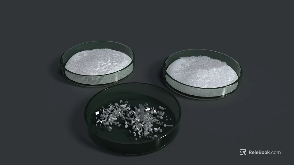Petri Dishes Containing White Powder and Crystal Samples in Lab Environment 3d model 